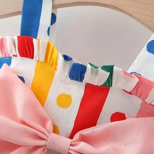 Summer Newborn Girl Baby Sling Dress with Colorful Stripe Polka Dots – Princess Dress with Matching Sun Visor Hat (6M-3Years)