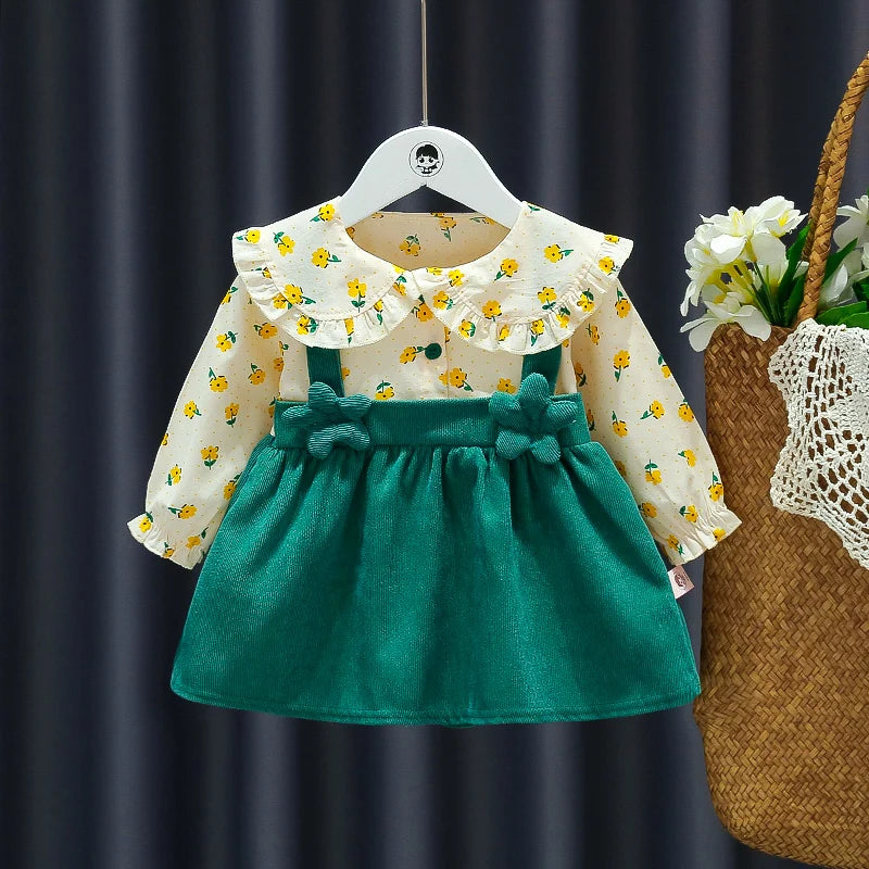 Adorable Autumn Newborn Girls' Long Sleeve Dress – Cartoon Fragmented Flower Lapel Baby Princess Dress with Cute Strap (9M-3Years)