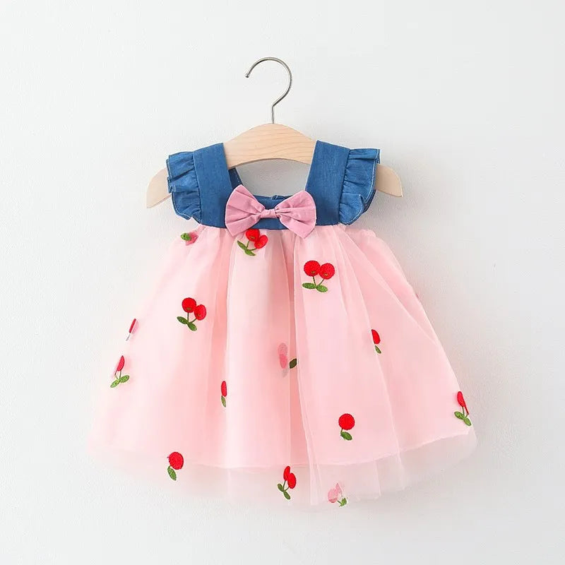 Summer Girls' Dress – Cute and Sweet Denim Mesh Strawberry Embroidered Princess Dress for Parties(6M-3Years)