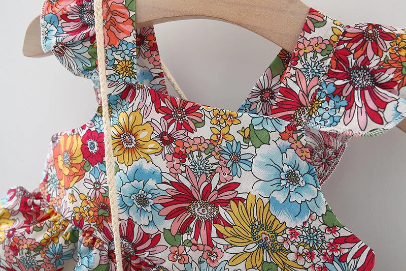 2-Piece Summer Baby Girl Dress – Fashionable Floral Fly Sleeve Cotton Dress with Crossbody Bag, Suitable for Babies Age(6M-3Years).