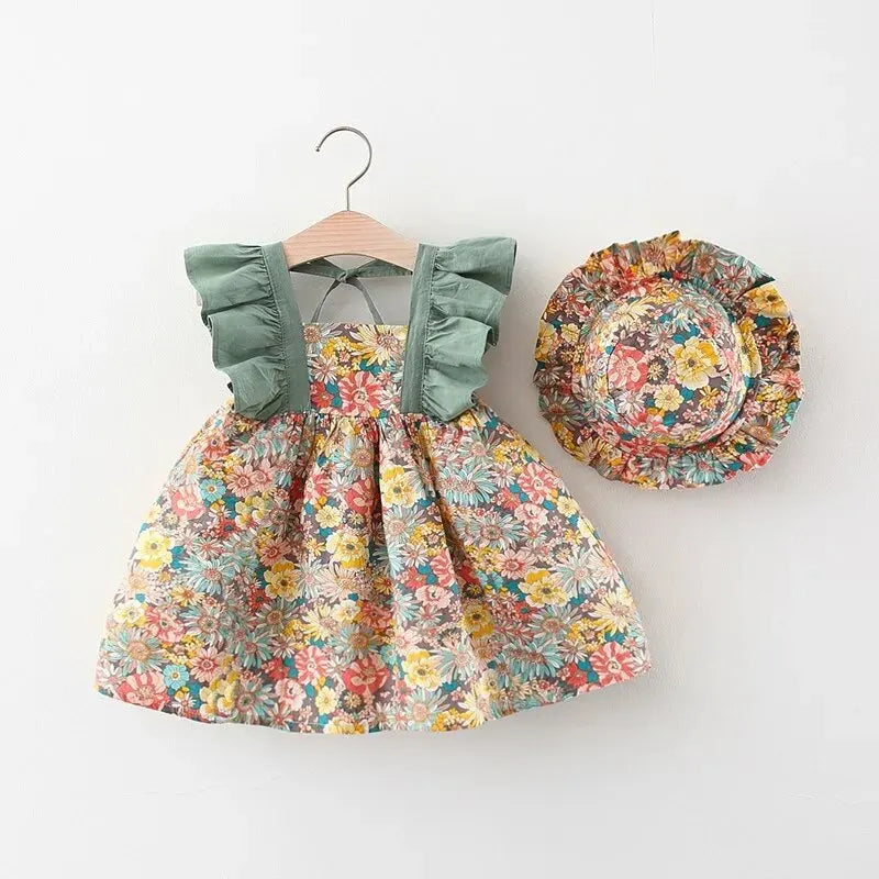 Summer Baby Girl Strap Dress with Hat: Floral Sleeveless Princess Dress for Newborns and Toddlers (0-3 Years).