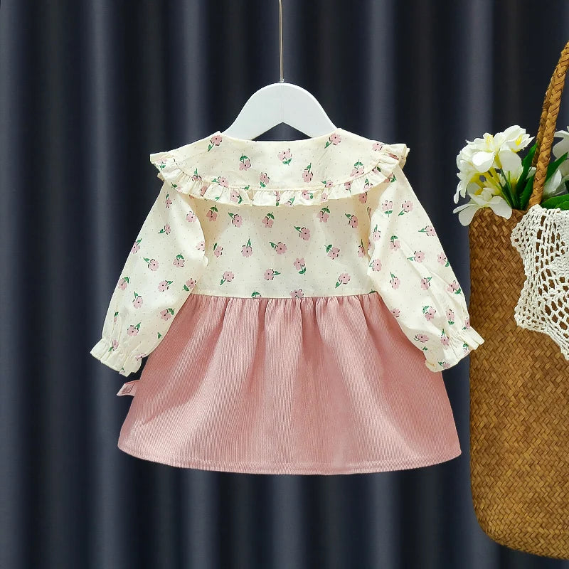 Adorable Autumn Newborn Girls' Long Sleeve Dress – Cartoon Fragmented Flower Lapel Baby Princess Dress with Cute Strap (9M-3Years)