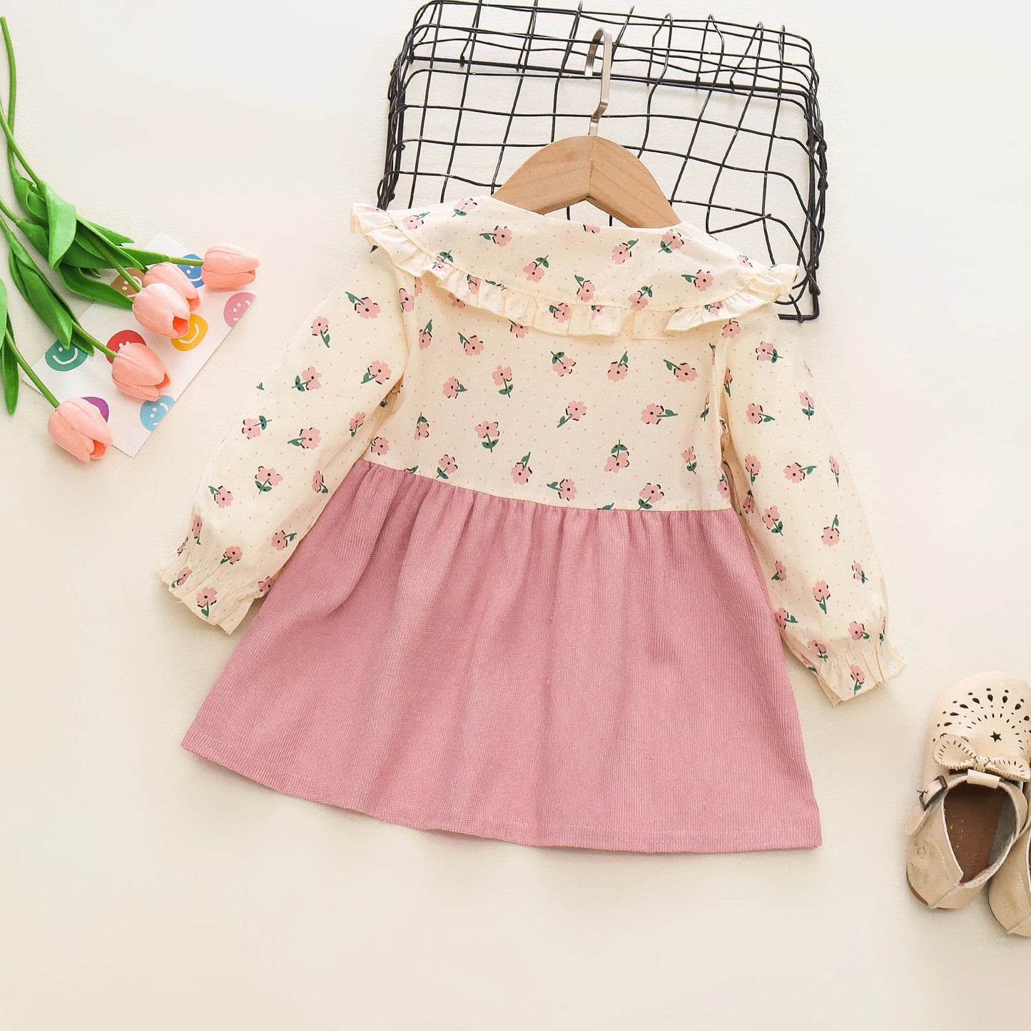 Adorable Autumn Newborn Girls' Long Sleeve Dress – Cartoon Fragmented Flower Lapel Baby Princess Dress with Cute Strap (9M-3Years)
