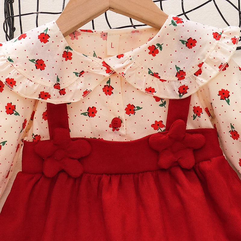 Adorable Autumn Newborn Girls' Long Sleeve Dress – Cartoon Fragmented Flower Lapel Baby Princess Dress with Cute Strap (9M-3Years)