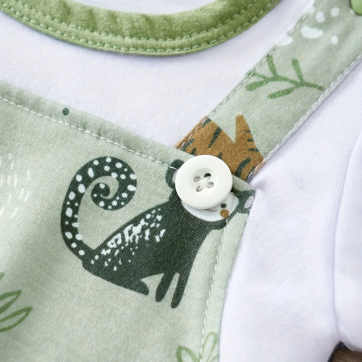 Adorable Infant Zoo Animal Print Romper – Faux Two-Piece Short Sleeve Bodysuit for Newborn Baby Boys (0-18Months).