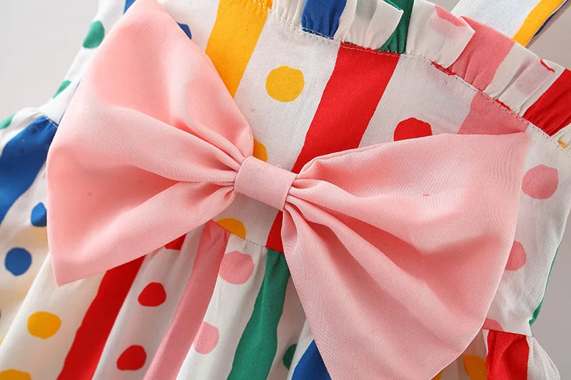 Summer Newborn Girl Baby Sling Dress with Colorful Stripe Polka Dots – Princess Dress with Matching Sun Visor Hat (6M-3Years)