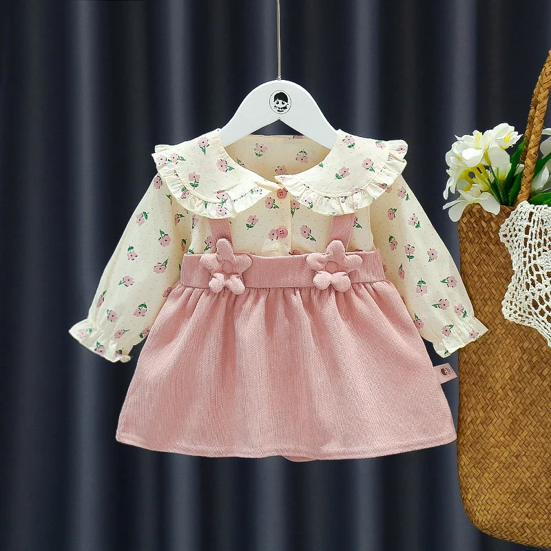 Adorable Autumn Newborn Girls' Long Sleeve Dress – Cartoon Fragmented Flower Lapel Baby Princess Dress with Cute Strap (9M-3Years)