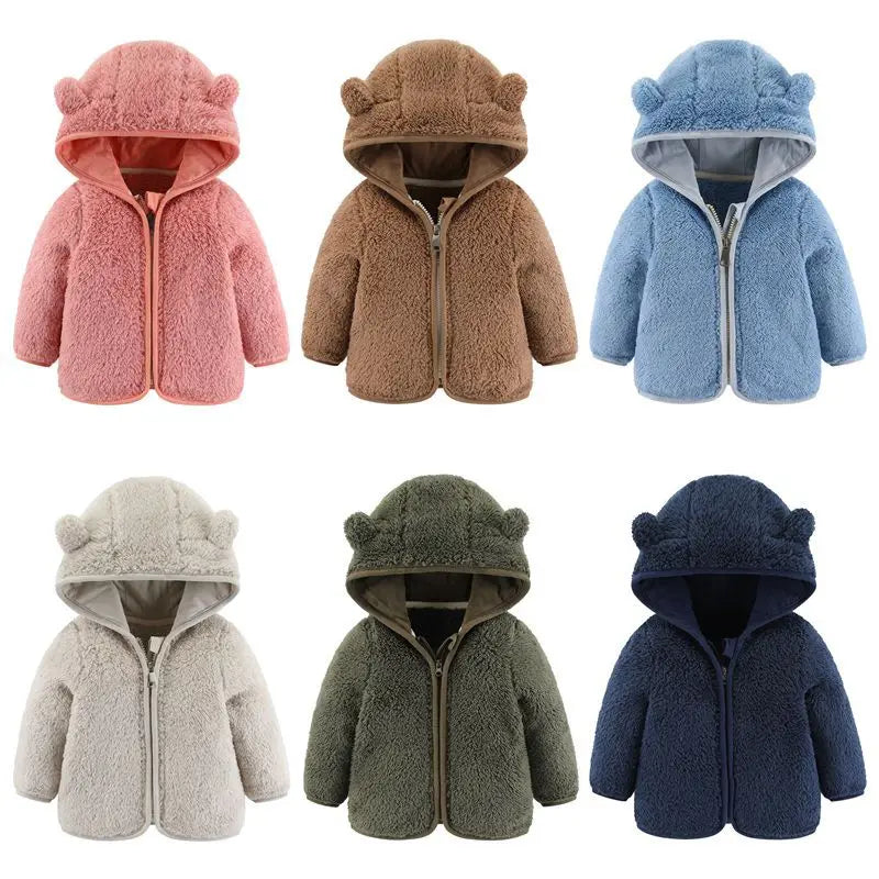 Adorable Spring and Autumn Fleece Coat for Children aged 0-3 years. Featuring cute bear ears and long sleeves.