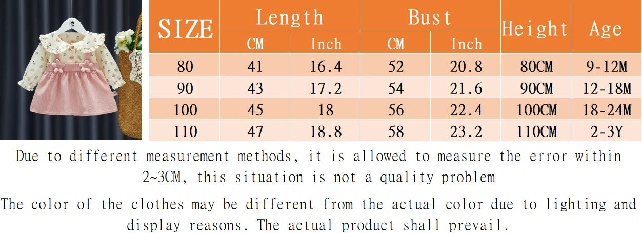 Adorable Autumn Newborn Girls' Long Sleeve Dress – Cartoon Fragmented Flower Lapel Baby Princess Dress with Cute Strap (9M-3Years)