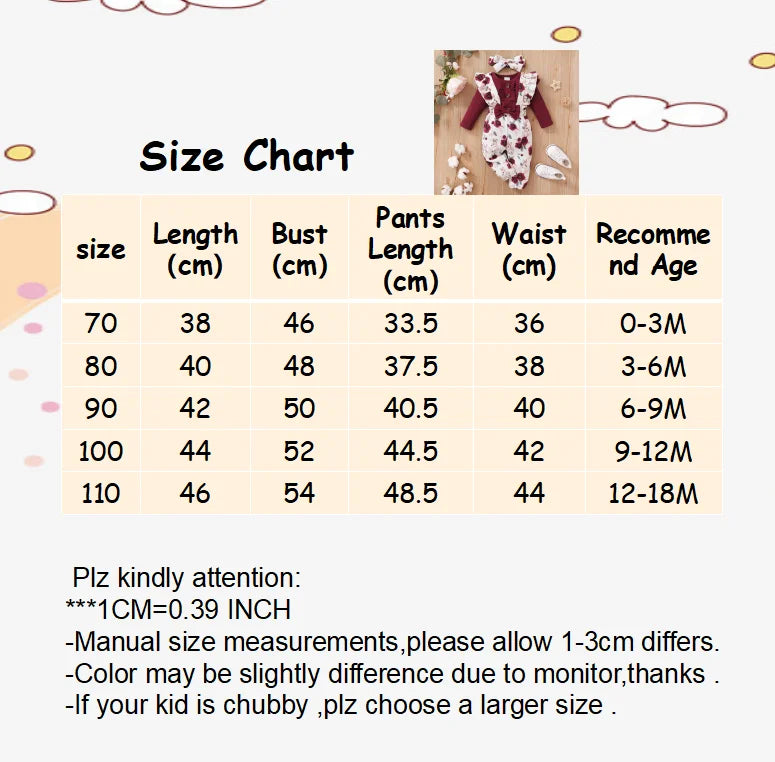 Newborn Baby Girl 3-Piece Outfit - Long Sleeve Romper, Floral Strap Pants, and Headband (0-24 Months) for Spring & Autumn
