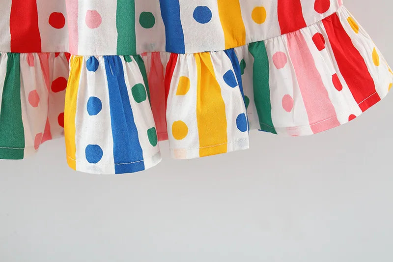 Summer Newborn Girl Baby Sling Dress with Colorful Stripe Polka Dots – Princess Dress with Matching Sun Visor Hat (6M-3Years)