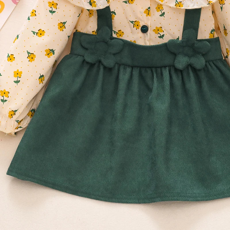 Adorable Autumn Newborn Girls' Long Sleeve Dress – Cartoon Fragmented Flower Lapel Baby Princess Dress with Cute Strap (9M-3Years)