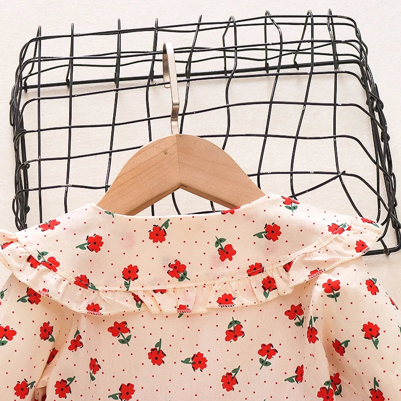 Adorable Autumn Newborn Girls' Long Sleeve Dress – Cartoon Fragmented Flower Lapel Baby Princess Dress with Cute Strap (9M-3Years)