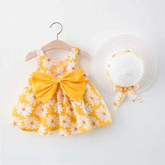 Summer Girls- Fashion Chrysanthemum Print Dress with Straps and Large Bow - Princess Party Outfit for (0-3 Years).