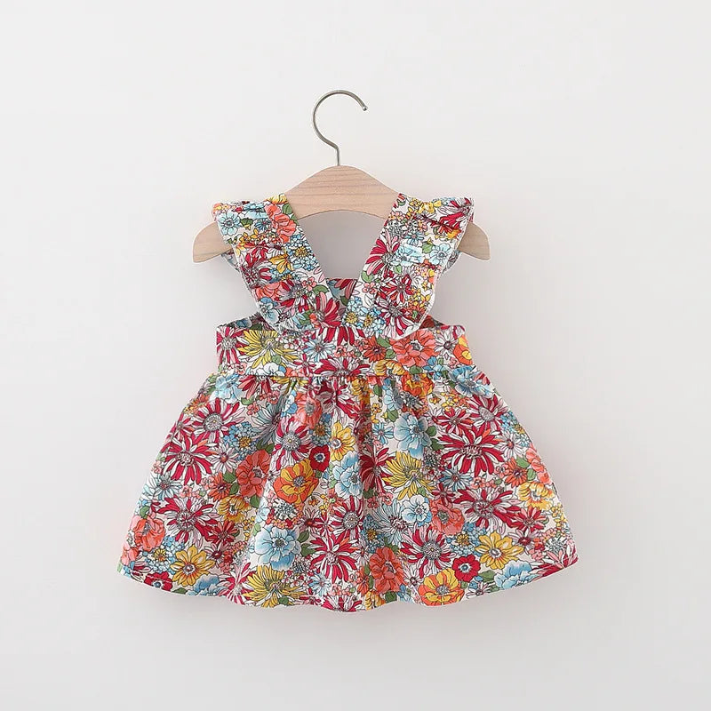 2-Piece Summer Baby Girl Dress – Fashionable Floral Fly Sleeve Cotton Dress with Crossbody Bag, Suitable for Babies Age(6M-3Years).