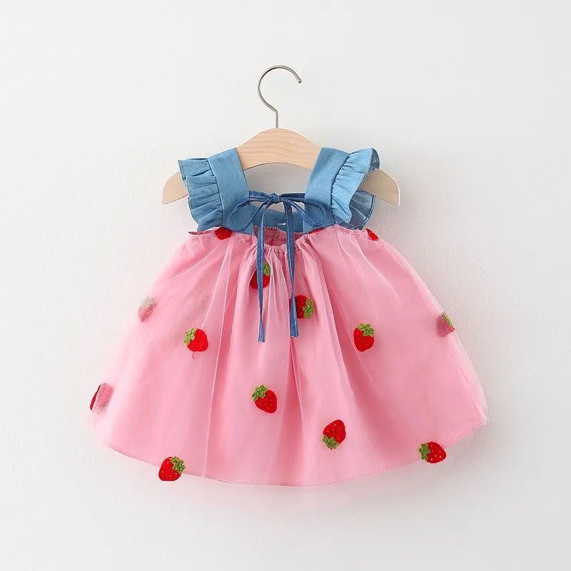 Summer Girls' Dress – Cute and Sweet Denim Mesh Strawberry Embroidered Princess Dress for Parties(6M-3Years)