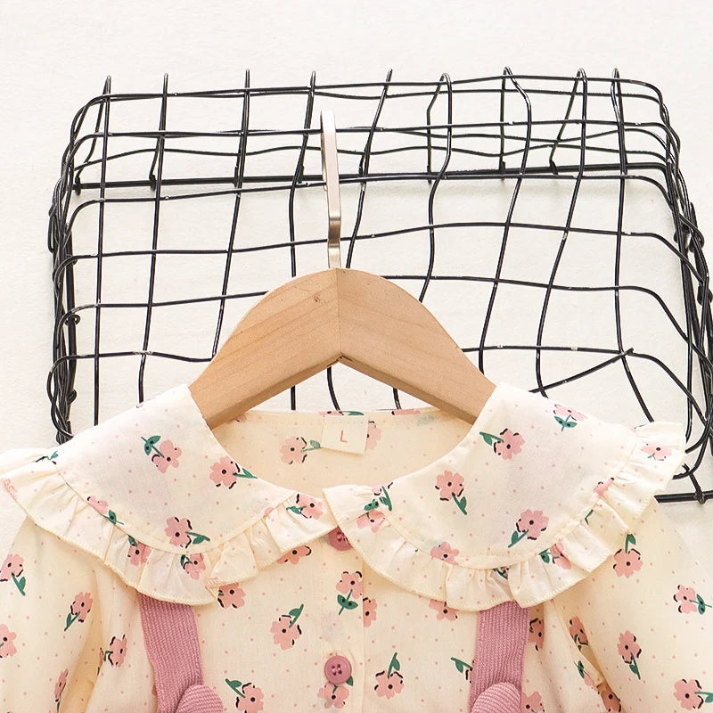 Adorable Autumn Newborn Girls' Long Sleeve Dress – Cartoon Fragmented Flower Lapel Baby Princess Dress with Cute Strap (9M-3Years)